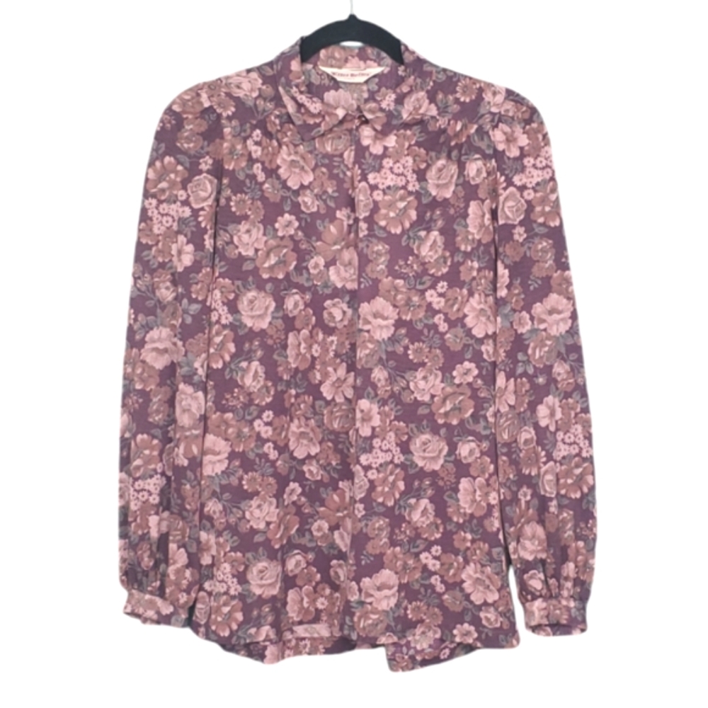 Vintage 70s Dark Floral Blouson Sleeve Boho Blouse Long Sleeve M